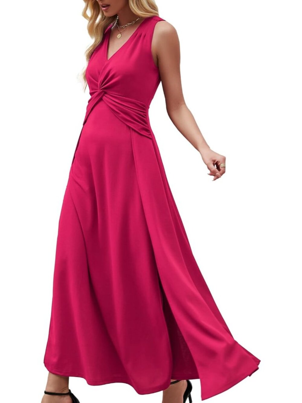 Women's Magenta V Neck Sleeveless Back Zipper Formal Weddings Guest Maxi Dresses